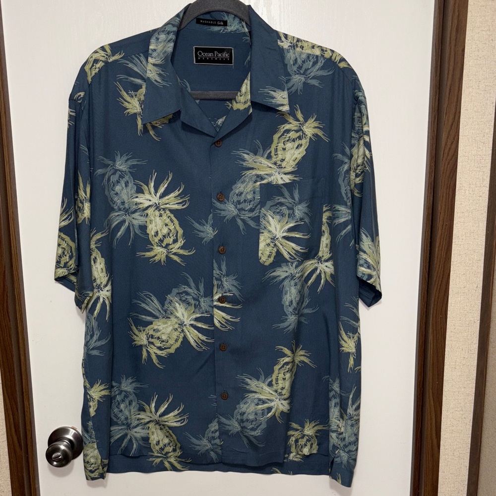 Vintage Ocean Pacific 100% Silk Hawaiian Shirt Mens Medium Blue Pineapple